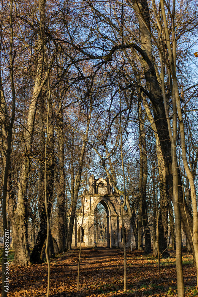 Gothic gate. The Demidovs' estate. Thais. Leningrad region. Clock tower.