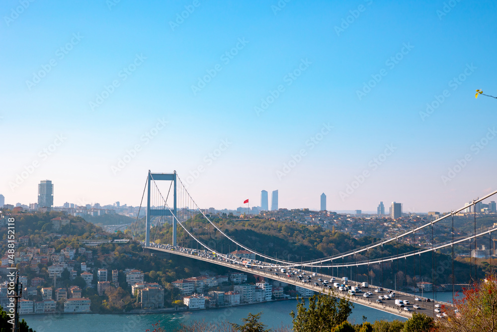 Fototapeta premium Fatih Sultan Mehmet Bridge. Istanbul background photo from Otagtepe
