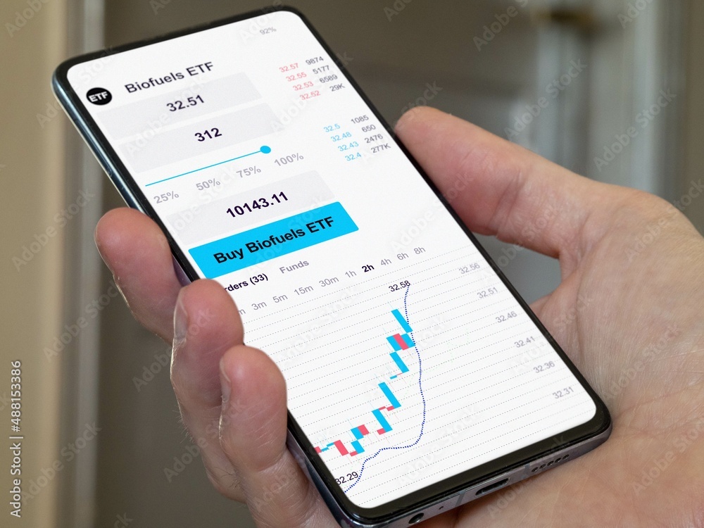 Stock world exchange market etf, stock market data on smartphone. Business analysis of a trend. Invest in international energy fund. Buying strategic biofuels ETF, biomass or ethanol funds Stock world exchange market etf, stock market data on smartphone. Business analysis of a trend. Invest in international energy fund. Buying strategic biofuels ETF, biomass or ethanol funds