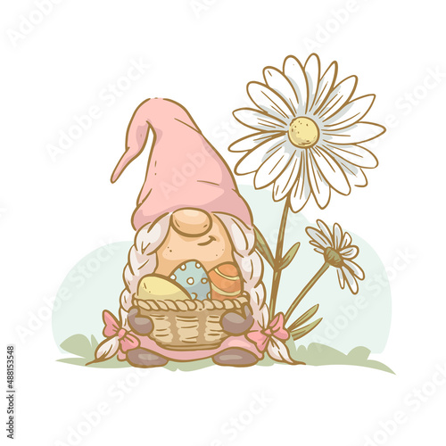 Vector Easter illustration with funny spring lady gnome and basket full of easter eggs isolated. Hand drawn sketch vintage style. For cards, invitations, prints, banners etc.