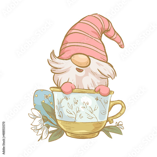 Vector Easter illustration with funny spring gnome sit in tea cup isolated. Hand drawn sketch vintage style. For cards, invitations, prints, banners etc.