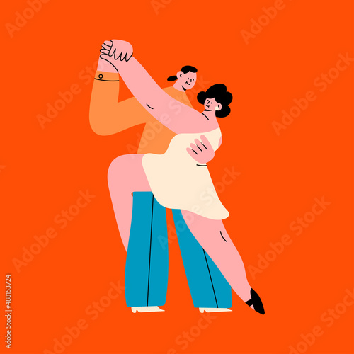 Happy Couple hugging and Dancing. Cartoon characters. Abstract people with small heads in dance movement. Dating, love, relationship, flirting, fun, passion concept. Hand drawn Vector illustration