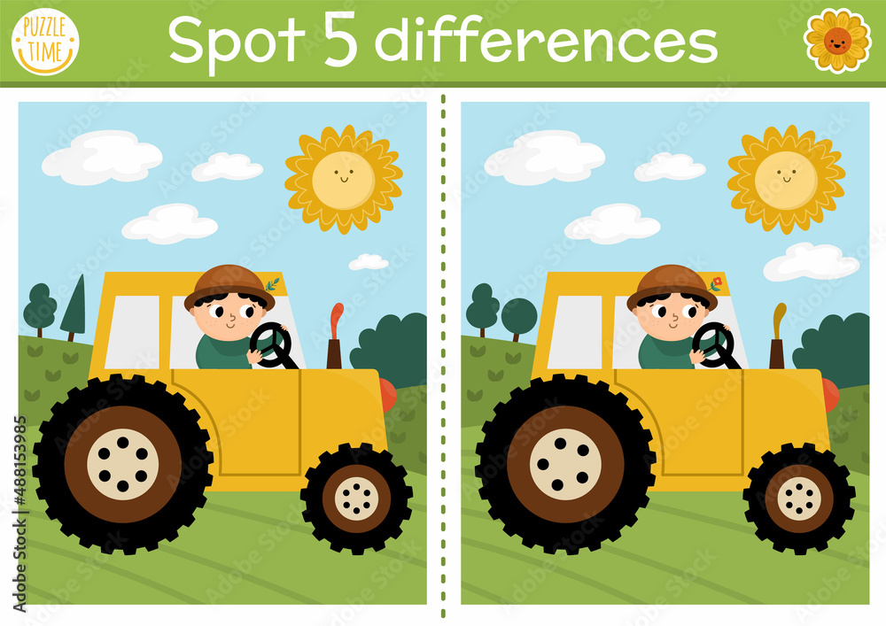 Find differences game for children. On the farm educational activity with  cute farmer on tractor. Farm puzzle for kids with countryside landscape.  Rural village printable worksheet or page. Stock Vector | Adobe
