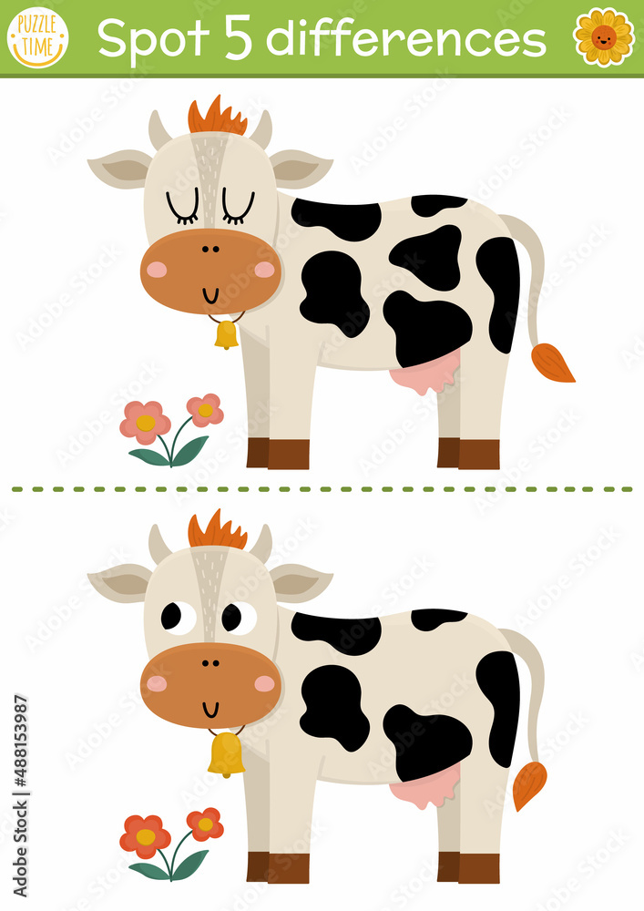 Obraz premium Find differences game for children. On the farm educational activity with cute cow. Farm puzzle for kids with farm animal. Rural village printable worksheet or page.