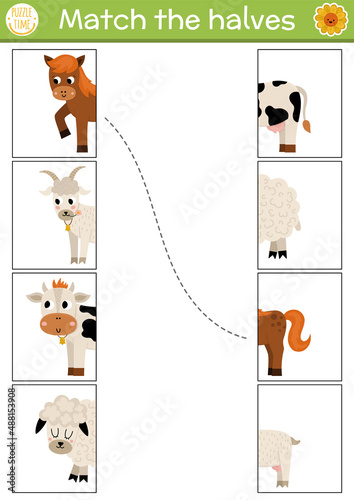 Farm connect the halves worksheet.  On the farm matching game for preschool children with domestic animals. Match heads and tails activity with cow, horse, sheep, goat..