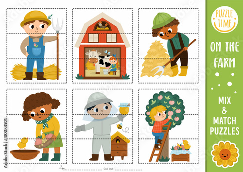 Vector on the farm mix and match puzzle with cute farmers. Matching farm or garden activity for preschool kids. Educational printable game with beekeeper, dairy maid, barn..