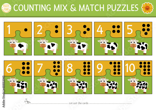Vector on the farm mix and match puzzle with cute cow and spots. Matching math activity for preschool children. Educational printable counting match up game for kids with farm animal.