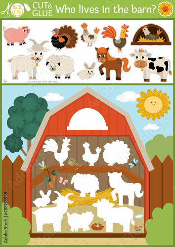 Vector on the farm cut and glue activity. Crafting game with cute farm animals and birds in the barn. Fun printable worksheet. Find right piece of puzzle. Complete the picture. Who is missing game