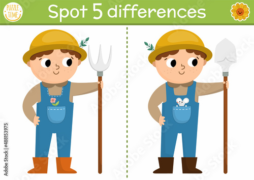 Find differences game for children. On the farm educational activity with cute farmer. Farm puzzle for kids with funny boy character. Rural village printable worksheet or page.