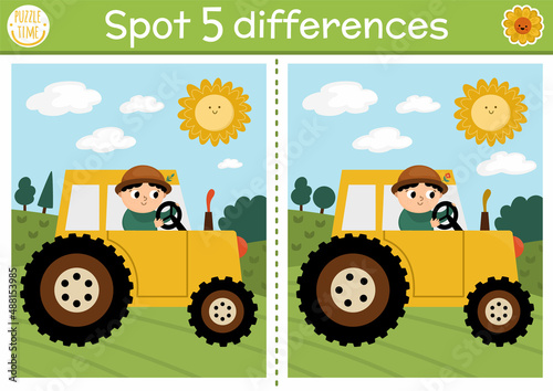 Find differences game for children. On the farm educational activity with cute farmer on tractor. Farm puzzle for kids with countryside landscape. Rural village printable worksheet or page.