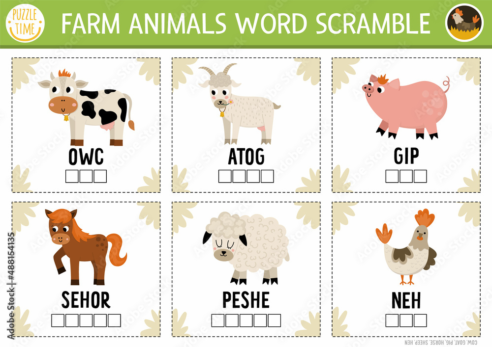 Vector farm animals word scramble activity page. English language game with cow, pig, goat for kids. Rural countryside family quiz with sheep and horse. Educational printable worksheet.. Stock Vector | Adobe Stock Vector farm animals word scramble activity page. English language game with cow, pig, goat for kids. Rural countryside family quiz with sheep and horse. Educational printable worksheet.. Stock Vector | Adobe Stock