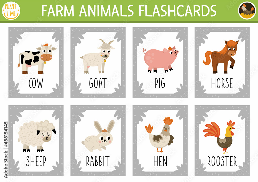 Grafika wektorowa Stock: Vector flash cards set with farm animals. English language game with cute cow, horse, goat, pig for kids. Rural countryside on the farm flashcards. Simple educational printable worksheet.. |