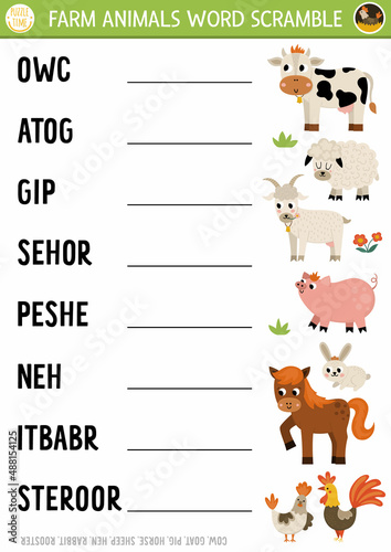 Vector farm animals word scramble activity page. English language game with cow, pig, goat for kids. Rural countryside family quiz with hen and rooster. Educational printable worksheet..
