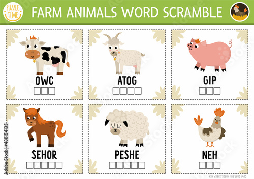 Vector farm animals word scramble activity page. English language game with cow, pig, goat for kids. Rural countryside family quiz with sheep and horse. Educational printable worksheet..