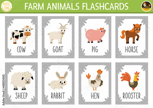 Vector flash cards set with farm animals. English language game with cute cow, horse, goat, pig for kids. Rural countryside on the farm flashcards. Simple educational printable worksheet.. photo