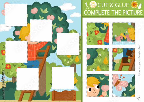 Vector on the farm cut and glue activity. Garden crafting game with cute farmer and apple tree. Fun printable worksheet for children. Find the right piece of the puzzle. Complete the picture.