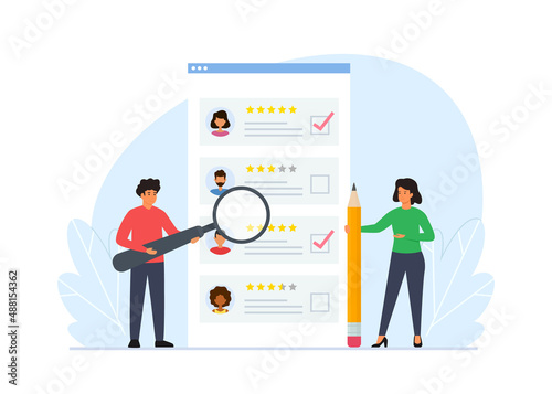 Vector illustration of choice of worker or personnel. Concept of choosing best candidate for job. Man and woman standing in front of list of job applicants.