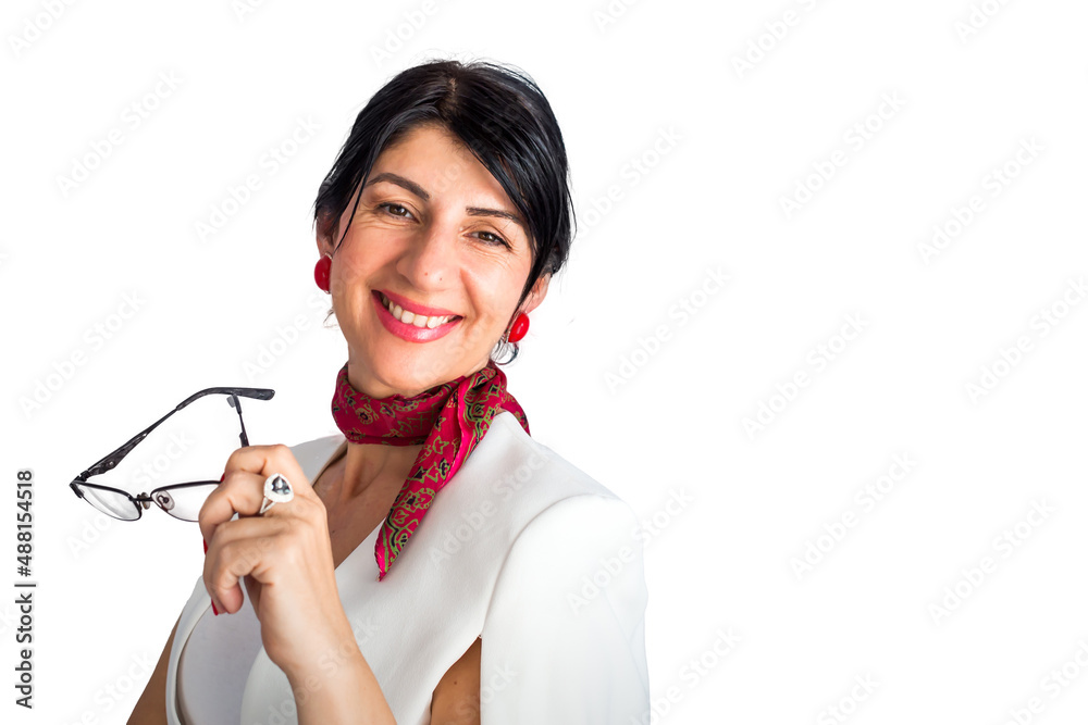 Elegant brunette woman holding eyeglasses and smiling. Isolated on white Elegant brunette woman holding eyeglasses and smiling. Isolated on white
