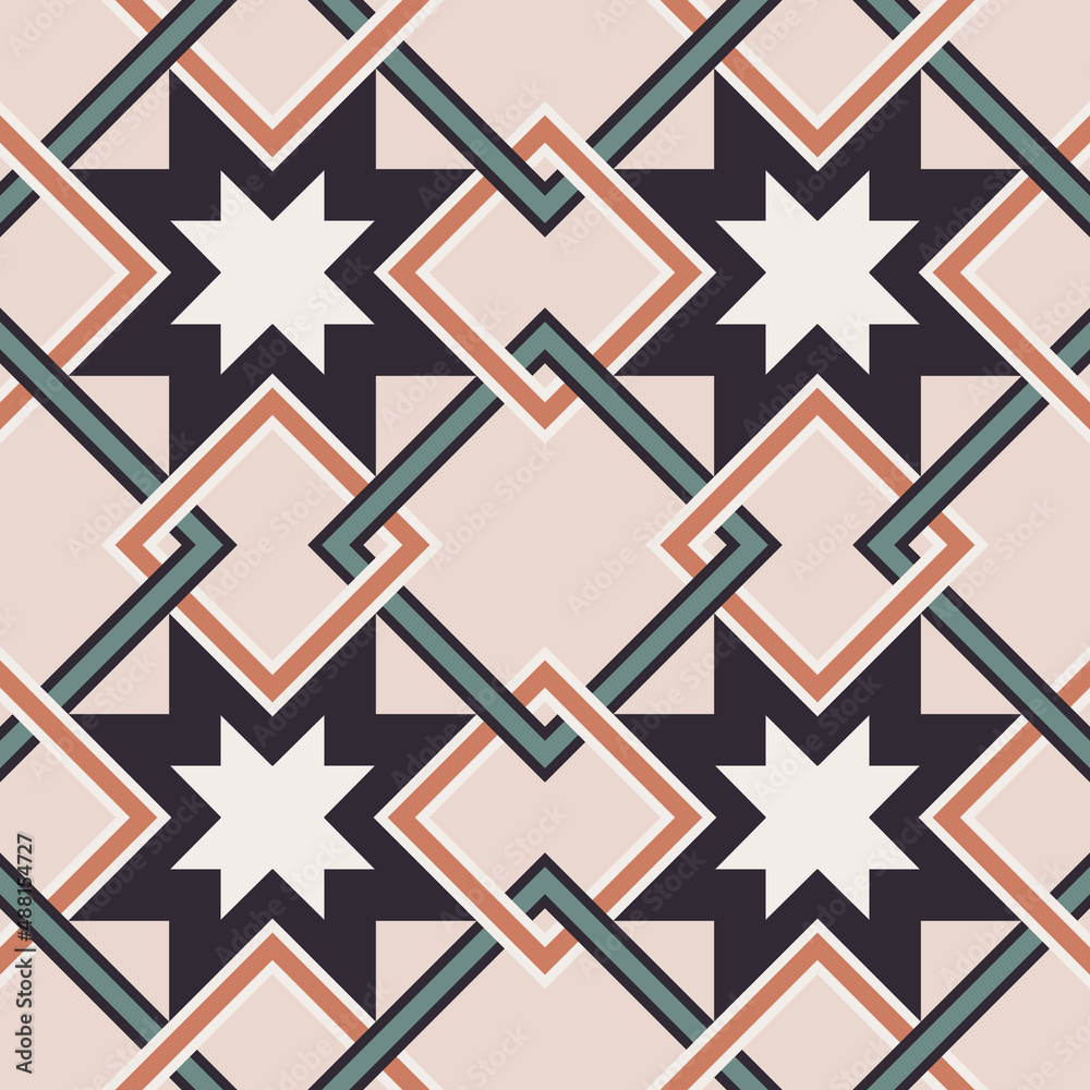 Vector abstract geometric star square overlapping shape seamless  background. Ethnic Islamic, persian, Morocco color pattern design. Use for  fabric, textile, interior decoration elements, wrapping. Stock 벡터