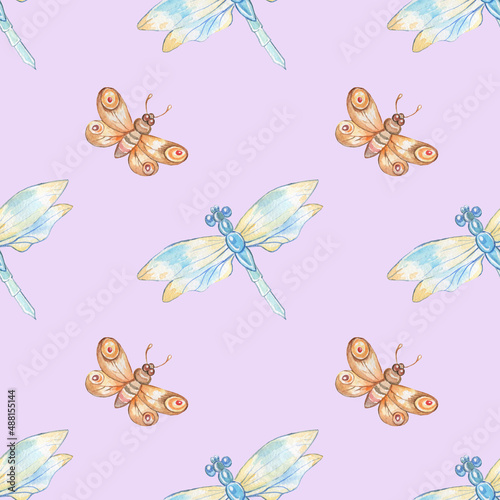 Watercolor seamless pattern with dragonfly and butterfly isolated on violet background.For fabrics textile and prints.