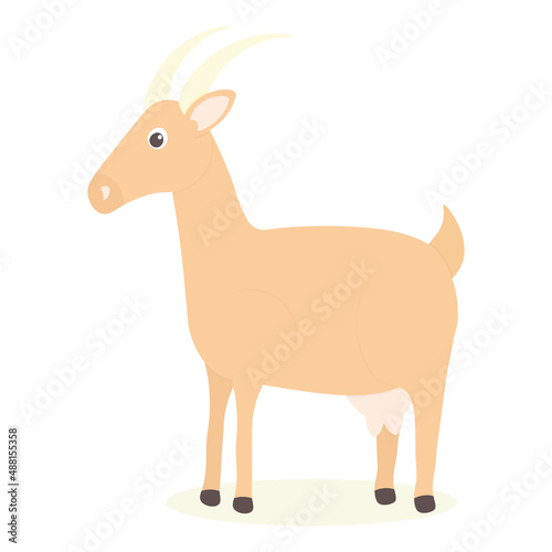 Cute goat. Pet. Vector illustration in cartoon style. Light brown fur. Udder with goat milk. Farm pets. Domestic animal. Village life. White background of card design.