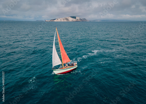 classic sailing yacht on the sea from above