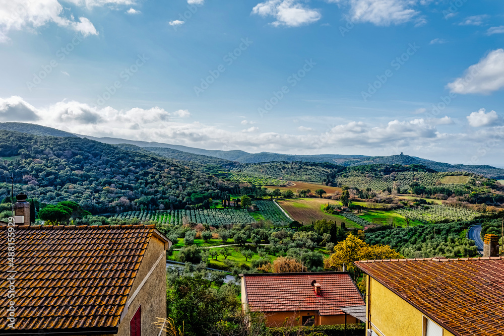 View over the cultivated countryside in Castagneto Carducci Tuscany Italy