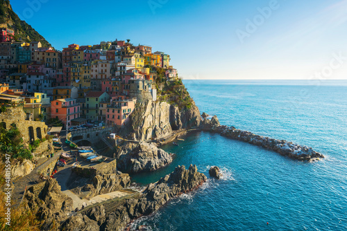 Manarola, village on the rocks, on a clear day. Cinque Terre, Italy.