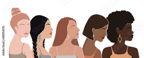 Set of women of different ethnic groups together. Vector modern flat illustration.