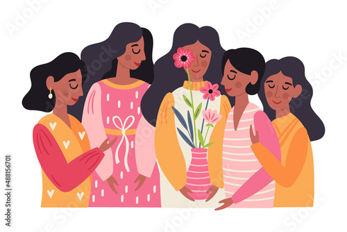 Women's day cute greeting card with young woman and flowers. Childish print for cards, templates  and banners.