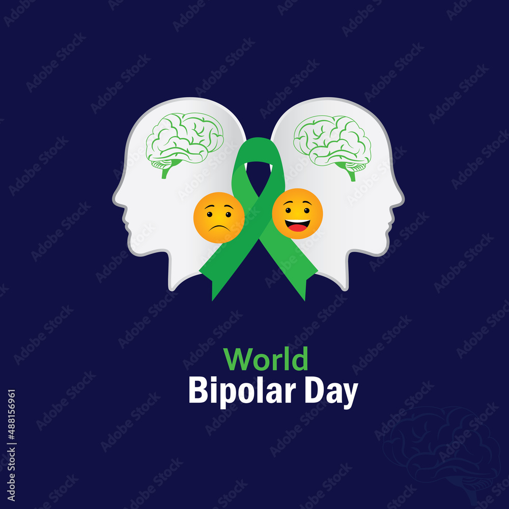 World Bipolar Day. with two personalities happy and depressed. Template for background, banner, card, poster.