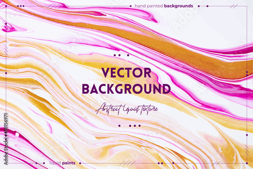 Fluid art texture. Abstract backdrop with mixing paint effect. Liquid acrylic artwork with flows and splashes. Mixed paints for background or poster. Coral, golden and white overflowing colors.