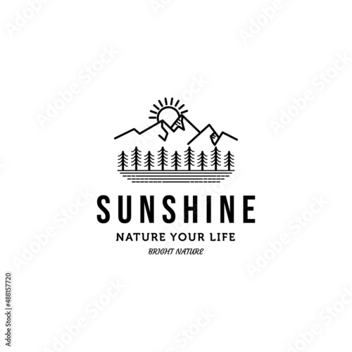 sunrise mountain pine tree lake line art logo vector minimalist illustration design, sunshine logo design