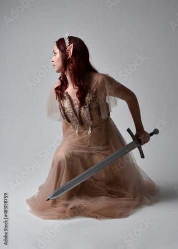 Fotografija Full length portrait of pretty female model with red hair wearing glamorous fantasy tulle gown, crown