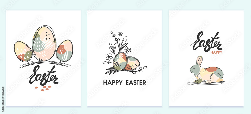 Happy Easter creative greeting cards with hand-drawn textures. Easter background with rabbits and an egg. Easter greeting card vector.