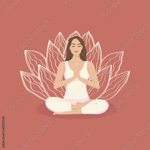 Young woman meditating in lotus position. Lotus flower on background. 