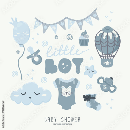 Clipart with cute gender party and baby shower objects for a boy in trendy doodle and cartoon style. Baby reveal concept. Ready for nursery room, decorations for posters, banners, greeting cards