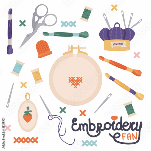 Cute vector collection with sewing and embroidery tools. Pins, needle pad, needle, scissors, wool and spool of threads. Vector illustration for design and print