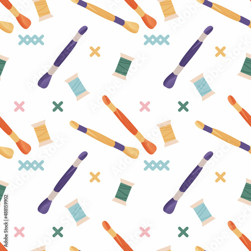 Seamless pattern with different sewing and embroidery tools on light background. Endless repeating texture with craft items for printing and scrapbooking. Vector illustration