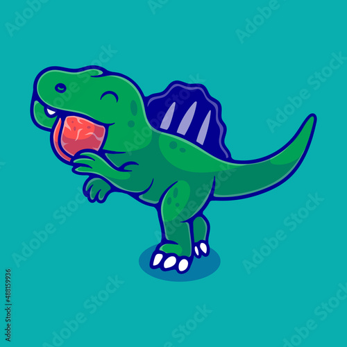 cute spinosaurus dinosaur eating meat illustration suitable for mascot sticker and t-shirt design