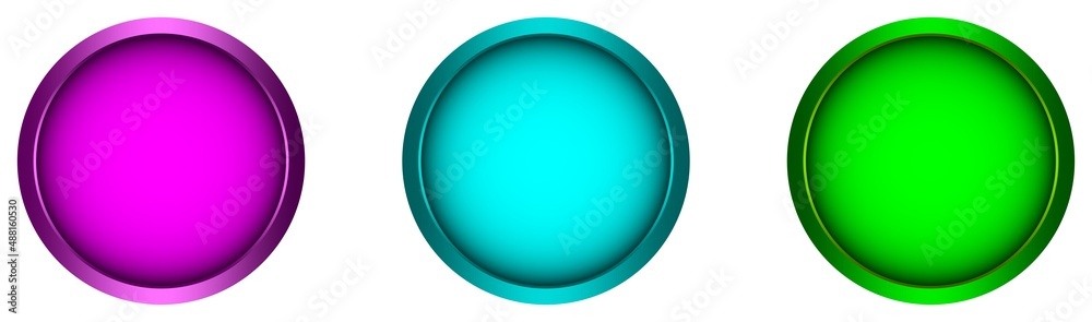 Violett button, Cyan button, Grün button, Vektor Set in verschiedenen Farben auf einem weißen isolierten Hintergrund.