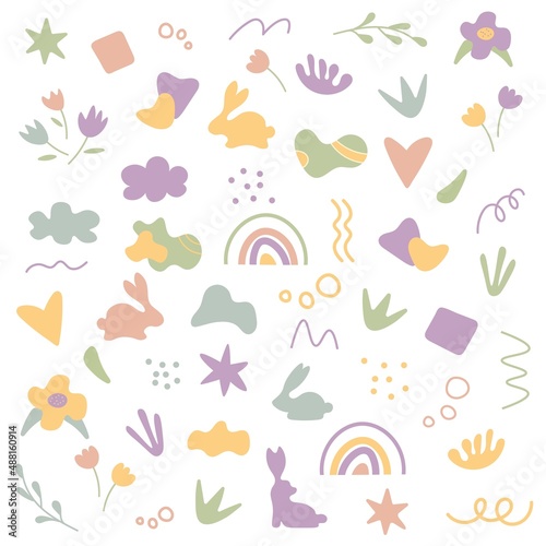 Abstract collection of scandinavian style baby elements isolated on white background. Cute baby wallpaper. Rainbow, cloud, rabbits, flowers, geometric shapes and abstractions.Vector, boho style.