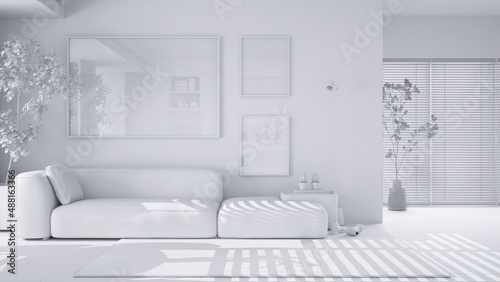 Wallpaper Mural Total white project draft, living room in contemporary apartment with parquet. Brown leather sofa with pillow, capet, floor lamp and potted plants.Interior design concept Torontodigital.ca