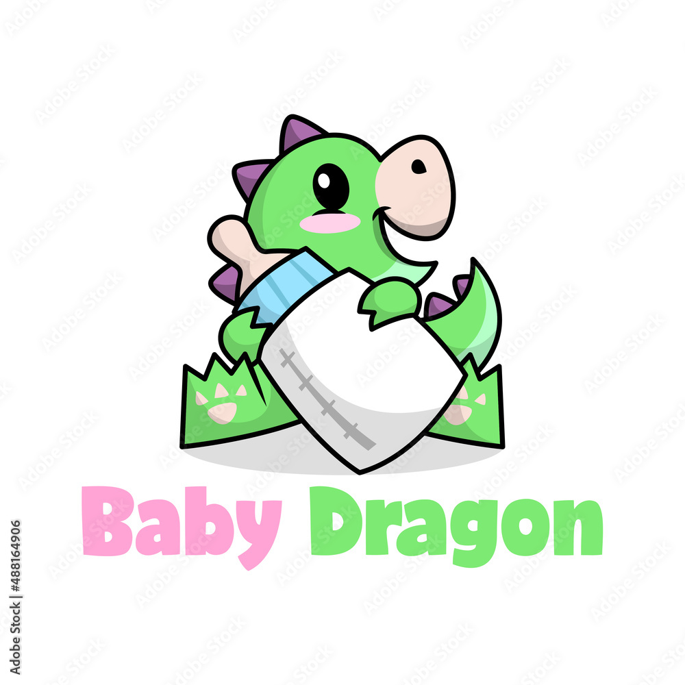 A CUTE BABY DRAGON IS BRINGING A BIG BOTTLE OF MILK PREMIUM CARTOON LOGO.