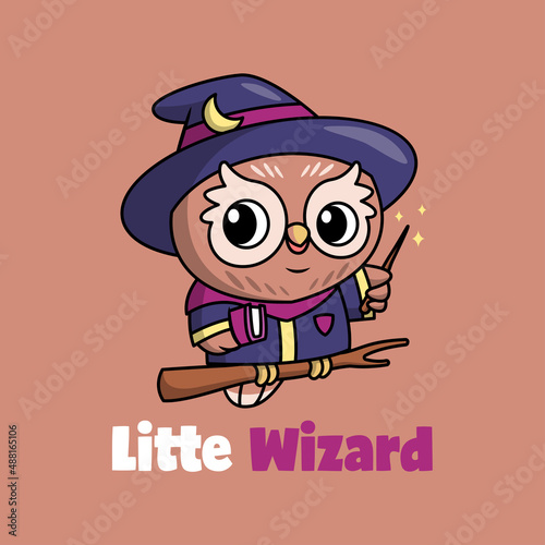 A CUTE BROWN OWL IS WEARING A WIZARD COSTUME AND BRINGING A BOOK AND MAGIC STICK. PREMIUM CARTOON LOGO.