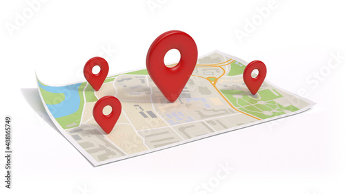 Pin location icons on the paper map, 3d render