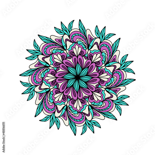 Vector illustration. Round flower ornament. Colored nature mandala.