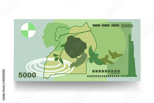 Uganda Shilling Vector Illustration. Uganda money set bundle banknotes. Paper money 5000 Ush. Flat style. Isolated on white background. Simple minimal design.