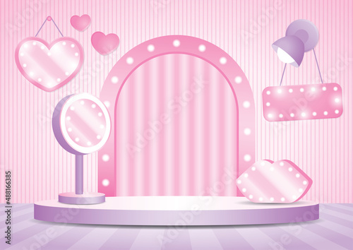 beauty podium display stage with light bulb arch backdrop and cute girly stuff 3d illustration vector for putting your object