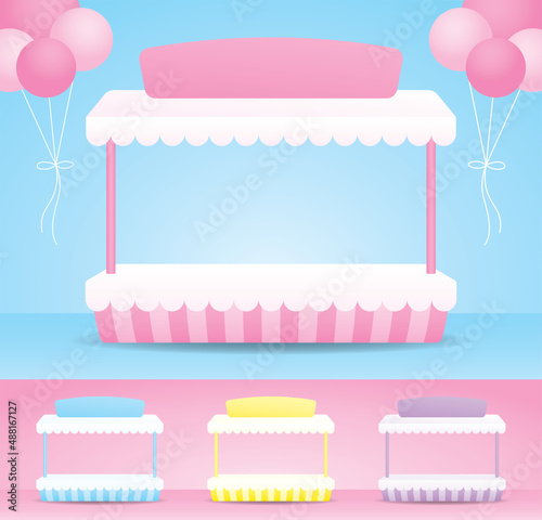 cute girly pastel counter display with awning 3d illustration vector collection for putting object